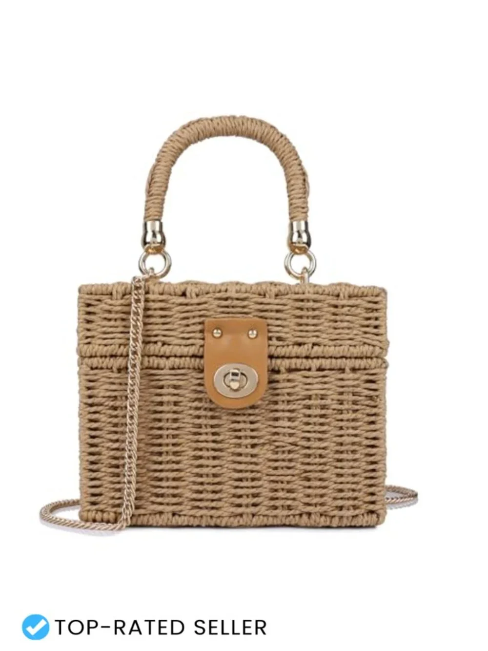 Handwoven Rattan Wicker Crossbody Shoulder Satchel Bag with Chain Strap